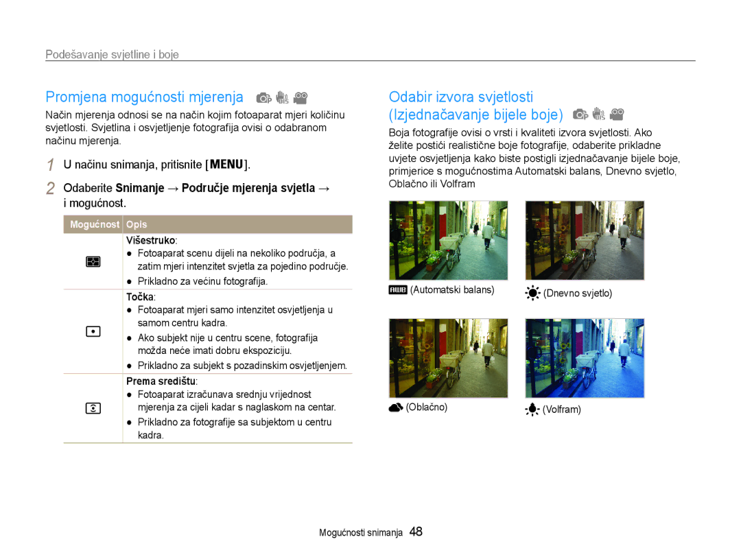 Samsung EC-PL90ZZBPEE3 manual Promjena mogućnosti mjerenja, Podešavanje svjetline i boje, Višestruko, Točka, Prema središtu 