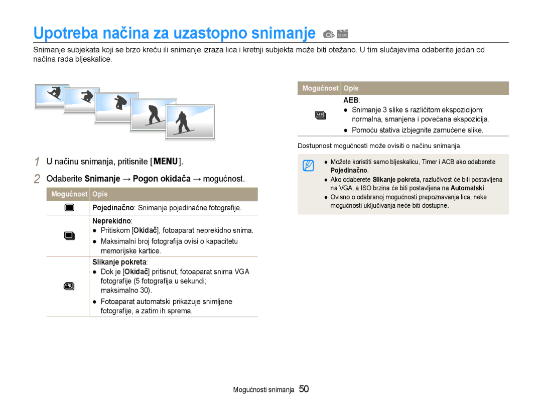 Samsung EC-PL90ZZBPAE3 Upotreba načina za uzastopno snimanje, Pojedinačno Snimanje pojedinačne fotografije, Neprekidno 