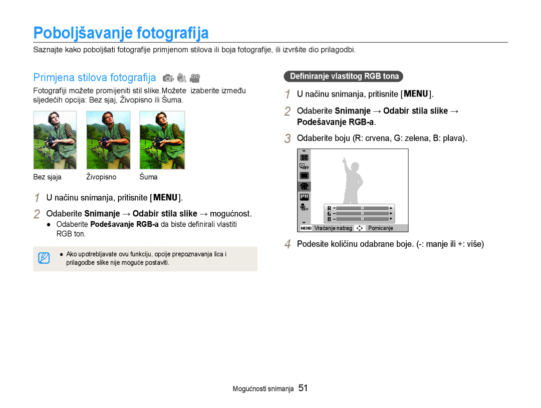 Samsung EC-PL90ZZBAAE3, EC-PL90ZZBPEE3 manual Poboljšavanje fotografija, Primjena stilova fotografija, Podešavanje RGB-a 