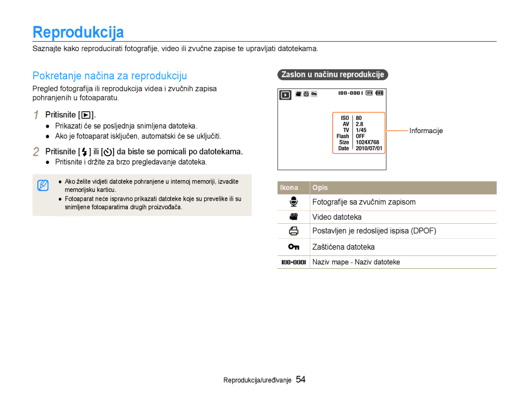 Samsung EC-PL90ZZBPAE3, EC-PL90ZZBAAE3 manual Reprodukcija, Pokretanje načina za reprodukciju, Zaslon u načinu reprodukcije 