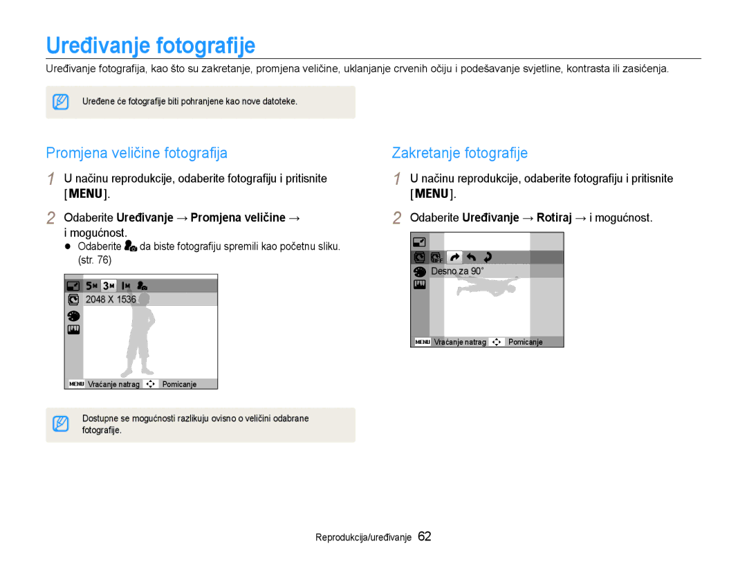 Samsung EC-PL90ZZBPAE3, EC-PL90ZZBAAE3 manual Uređivanje fotografije, Promjena veličine fotografija, Zakretanje fotografije 