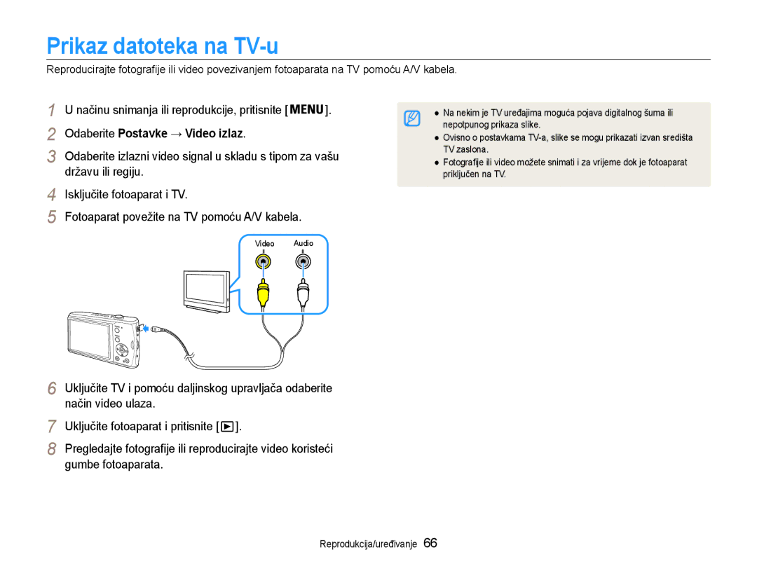 Samsung EC-PL90ZZBPAE3 Prikaz datoteka na TV-u, Odaberite Postavke → Video izlaz, Način video ulaza, Gumbe fotoaparata 