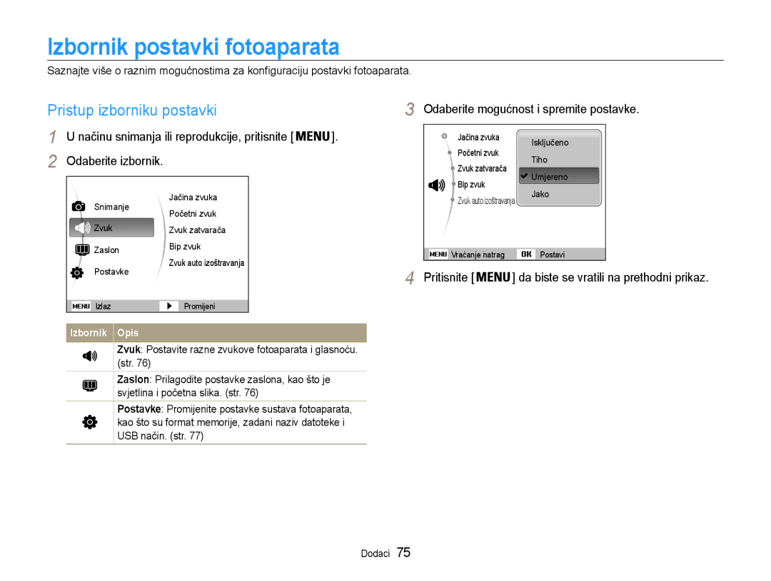 Samsung EC-PL90ZZBAAE3 Izbornik postavki fotoaparata, Pristup izborniku postavki, Odaberite mogućnost i spremite postavke 