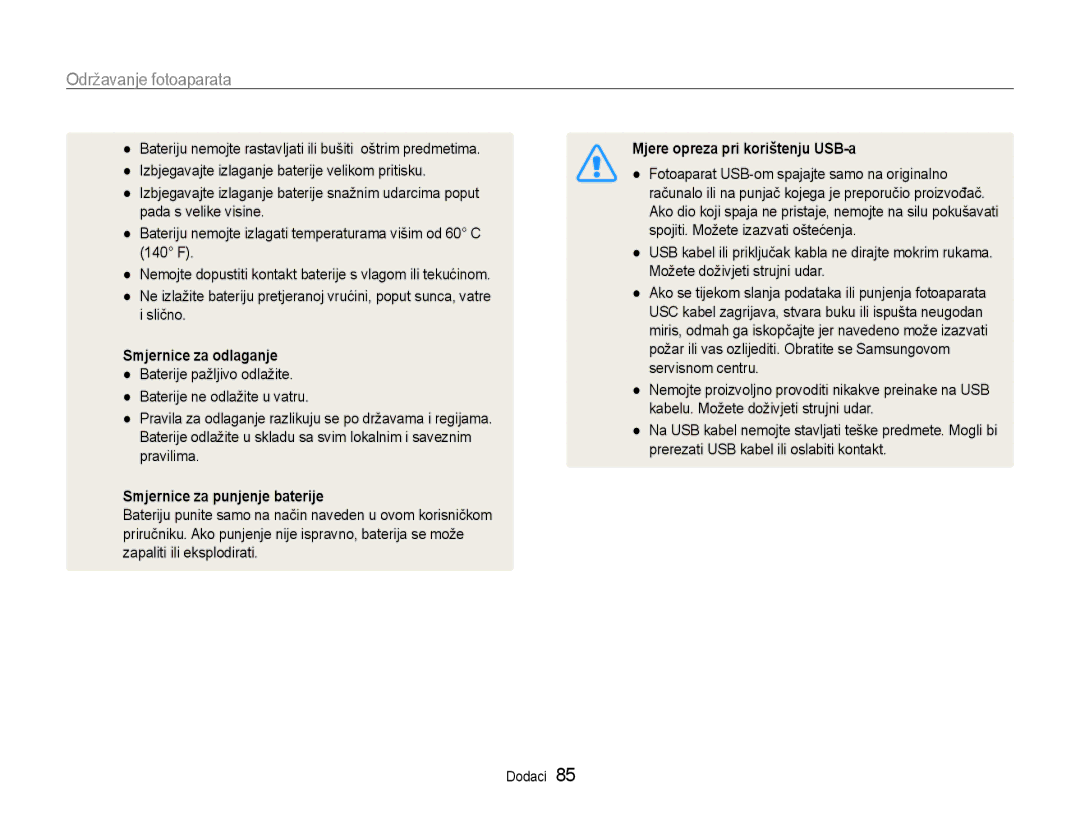 Samsung EC-PL90ZZBPRE3, EC-PL90ZZBAAE3, EC-PL90ZZBPEE3 Smjernice za punjenje baterije, Mjere opreza pri korištenju USB-a 