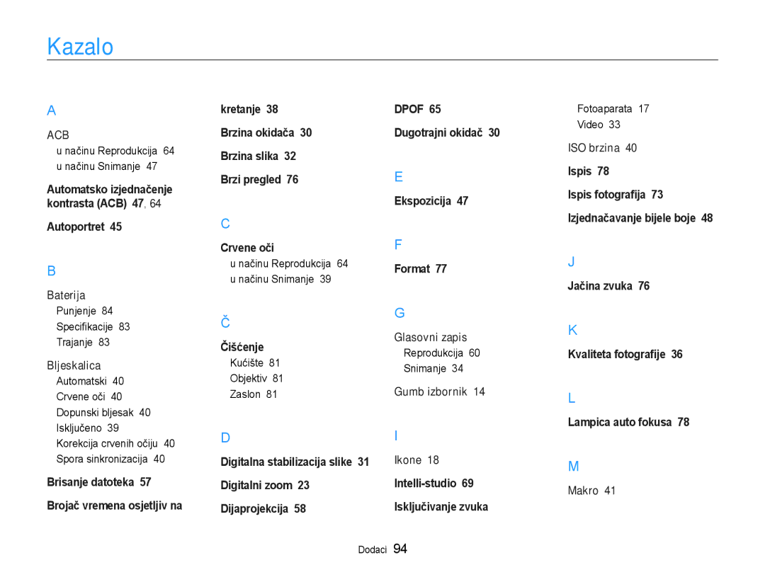 Samsung EC-PL90ZZBPAE3, EC-PL90ZZBAAE3, EC-PL90ZZBPEE3, EC-PL90ZZBPRE3 manual Kazalo 