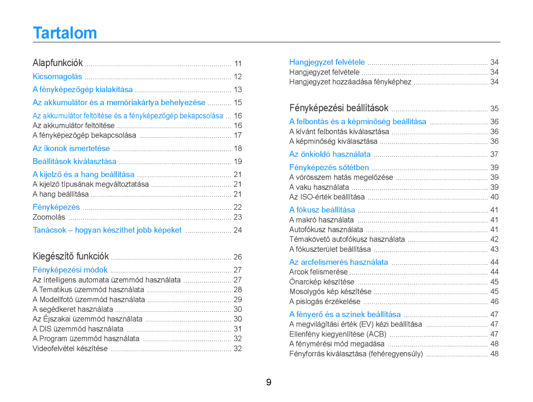 Samsung EC-PL90ZZBPAE3, EC-PL90ZZBAEE3, EC-PL90ZZBARE3 manual Tartalom, Alapfunkciók Kicsomagolás Fényképezőgép kialakítása 