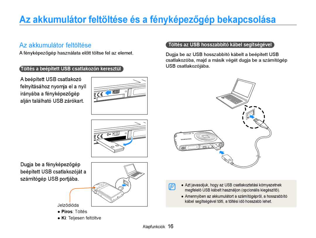 Samsung EC-PL90ZZBPAE3, EC-PL90ZZBAEE3, EC-PL90ZZBARE3 manual Az akkumulátor feltöltése és a fényképezőgép bekapcsolása 