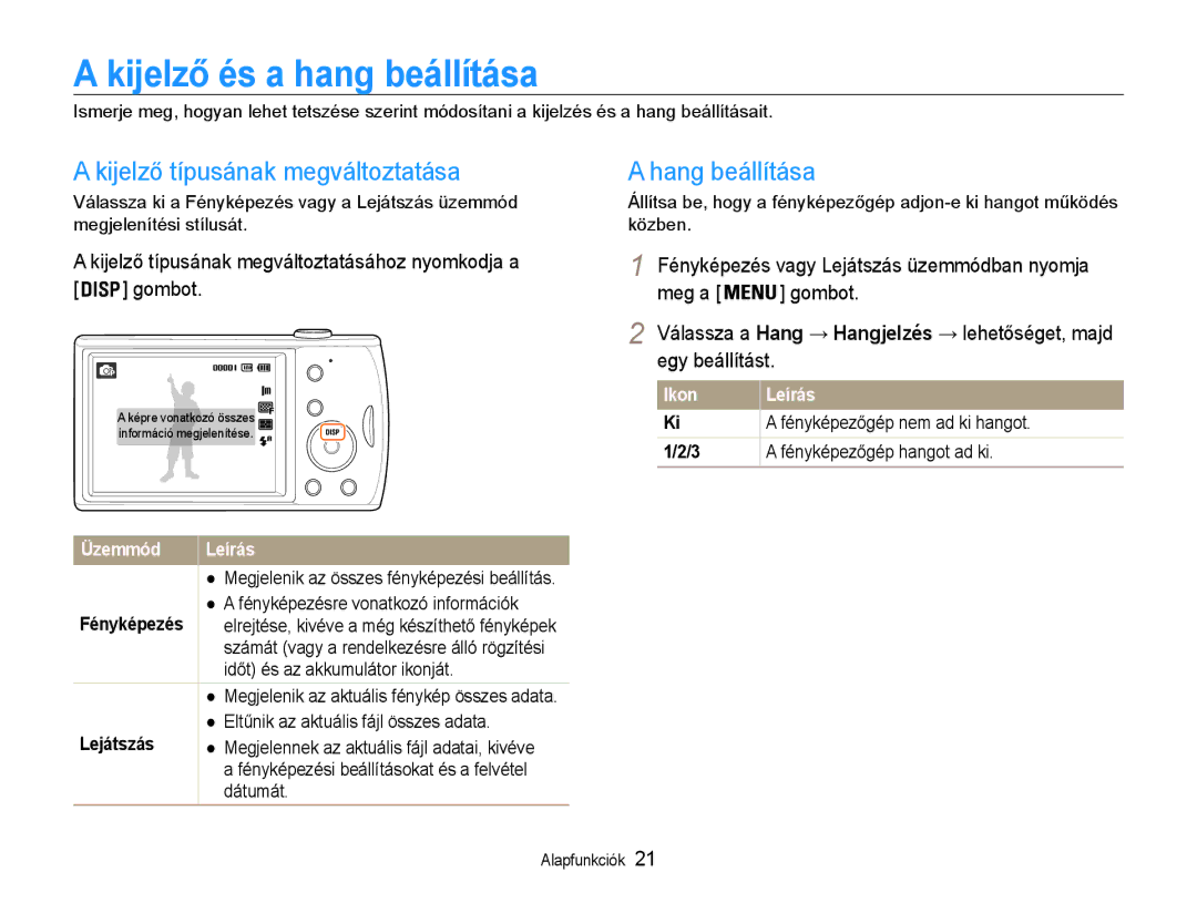 Samsung EC-PL90ZZBARE3 Kijelző és a hang beállítása, Kijelző típusának megváltoztatása, Hang beállítása, Üzemmód Leírás 