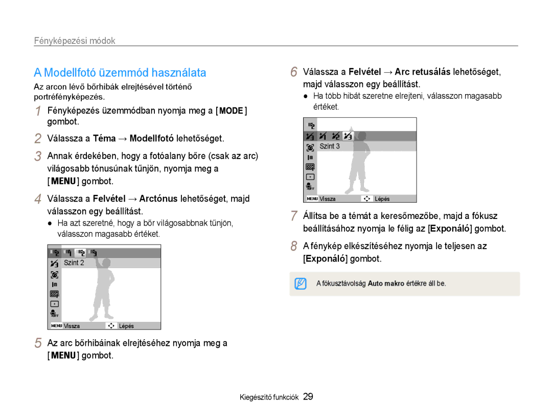 Samsung EC-PL90ZZBAAE3 manual Modellfotó üzemmód használata, Ha több hibát szeretne elrejteni, válasszon magasabb értéket 