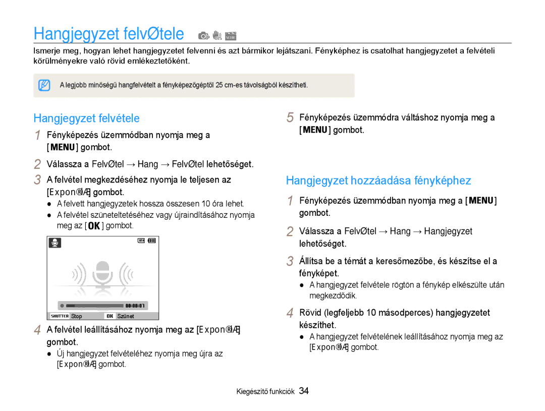 Samsung EC-PL90ZZBAEE3, EC-PL90ZZBARE3, EC-PL90ZZBAAE3 manual Hangjegyzet felvétele, Hangjegyzet hozzáadása fényképhez 