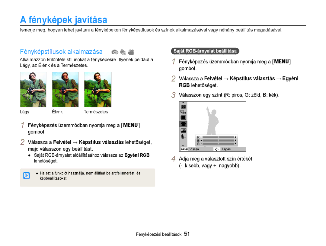 Samsung EC-PL90ZZBPAE3, EC-PL90ZZBAEE3 manual Fényképek javítása, Fényképstílusok alkalmazása, Gombot, RGB lehetőséget 