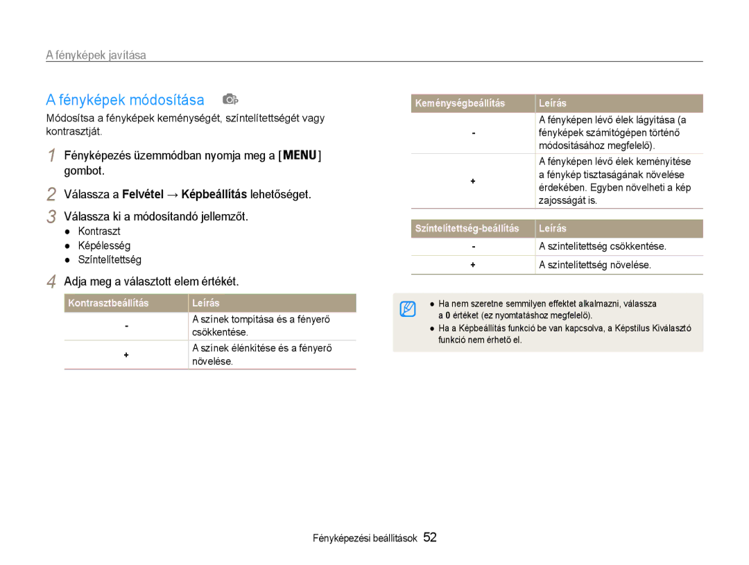 Samsung EC-PL90ZZBAAE2 manual Fényképek módosítása, Adja meg a választott elem értékét, Színtelítettség csökkentése 