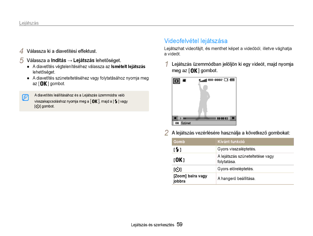 Samsung EC-PL90ZZBAAE2, EC-PL90ZZBAEE3 manual Videofelvétel lejátszása, Lejátszás vezérlésére használja a következő gombokat 