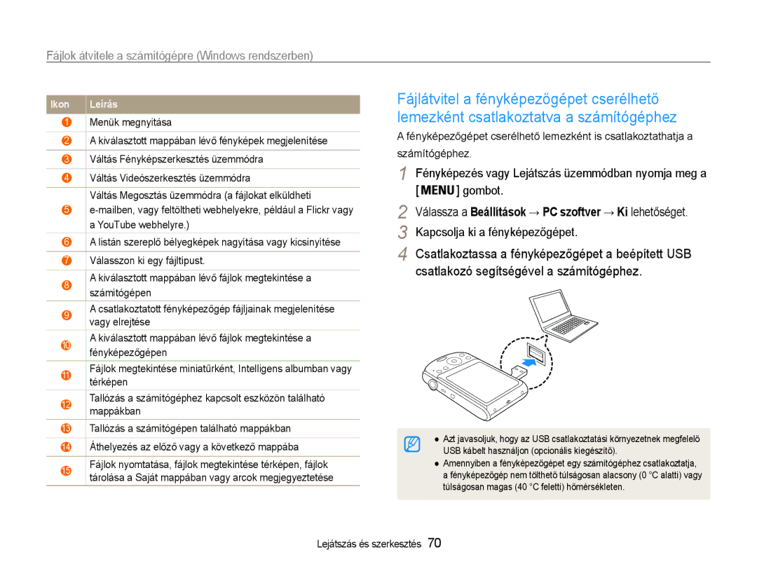 Samsung EC-PL90ZZBARE3, EC-PL90ZZBAEE3 manual Kapcsolja ki a fényképezőgépet, USB kábelt használjon opcionális kiegészítő 