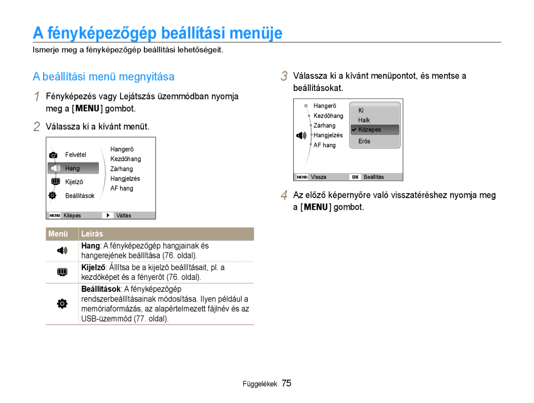 Samsung EC-PL90ZZBPAE2, EC-PL90ZZBAEE3 manual Fényképezőgép beállítási menüje, Beállítási menü megnyitása, Menü Leírás 