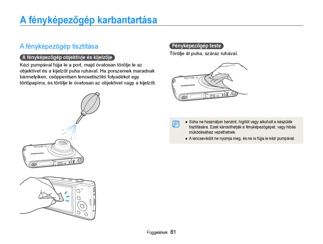 Samsung EC-PL90ZZBAEE2 manual Fényképezőgép karbantartása, Fényképezőgép tisztítása, Fényképezőgép objektívje és kijelzője 