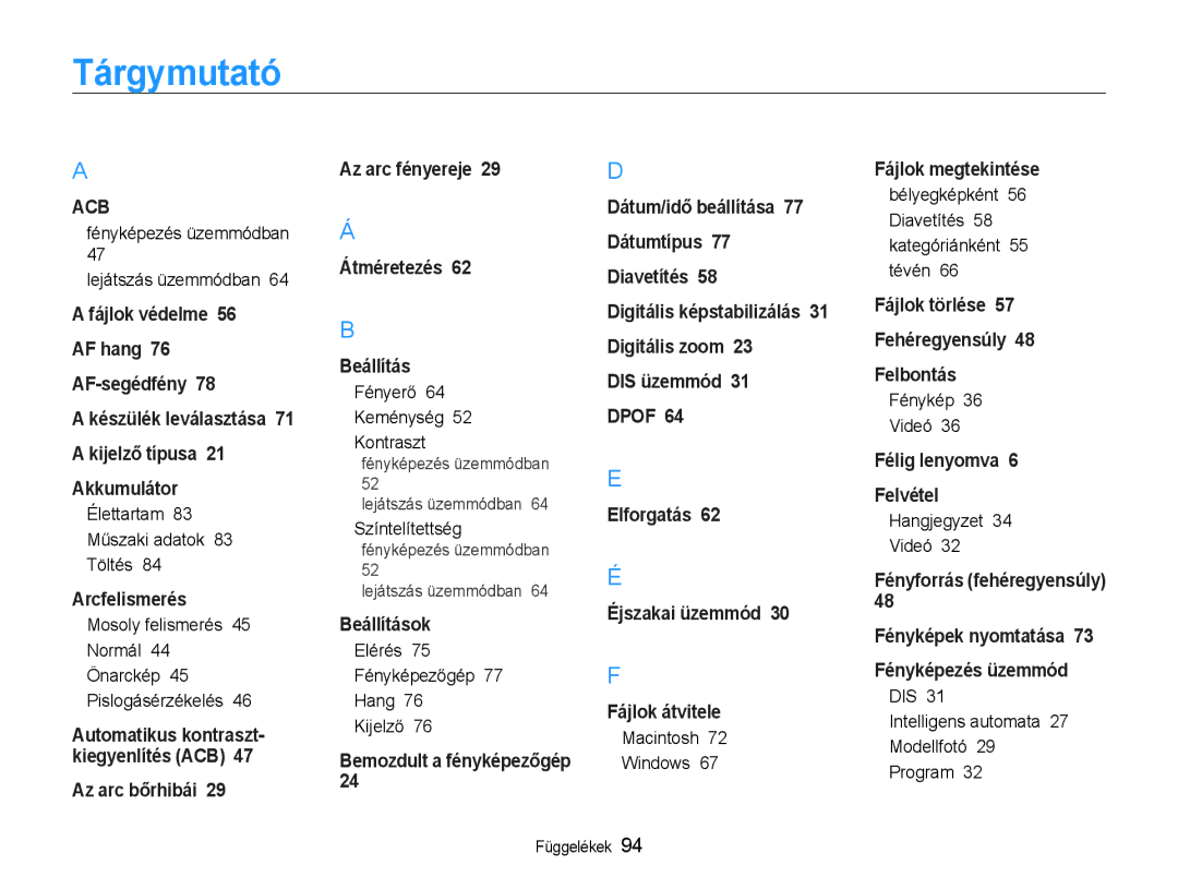 Samsung EC-PL90ZZBAAE2, EC-PL90ZZBAEE3, EC-PL90ZZBARE3, EC-PL90ZZBAAE3, EC-PL90ZZBPAE3, EC-PL90ZZBAEE2 manual Tárgymutató 