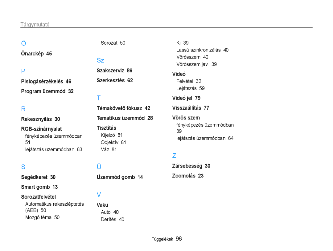 Samsung EC-PL90ZZBPAE2, EC-PL90ZZBAEE3 manual Automatikus rekeszléptetés AEB Mozgó téma Sorozat, Kijelző Objektív Váz 