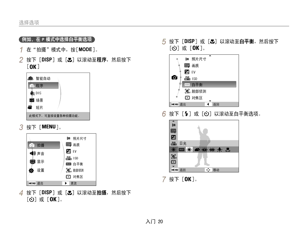 Samsung EC-PL90ZZBAEE3 manual 选择选项, 在拍摄模式中，按 以滚动至程序，然后按下, 按下 或 以滚动至拍摄，然后按下 按下 或 以滚动至白平衡，然后按下, 按下 或 以滚动至白平衡选项。 按下 。 