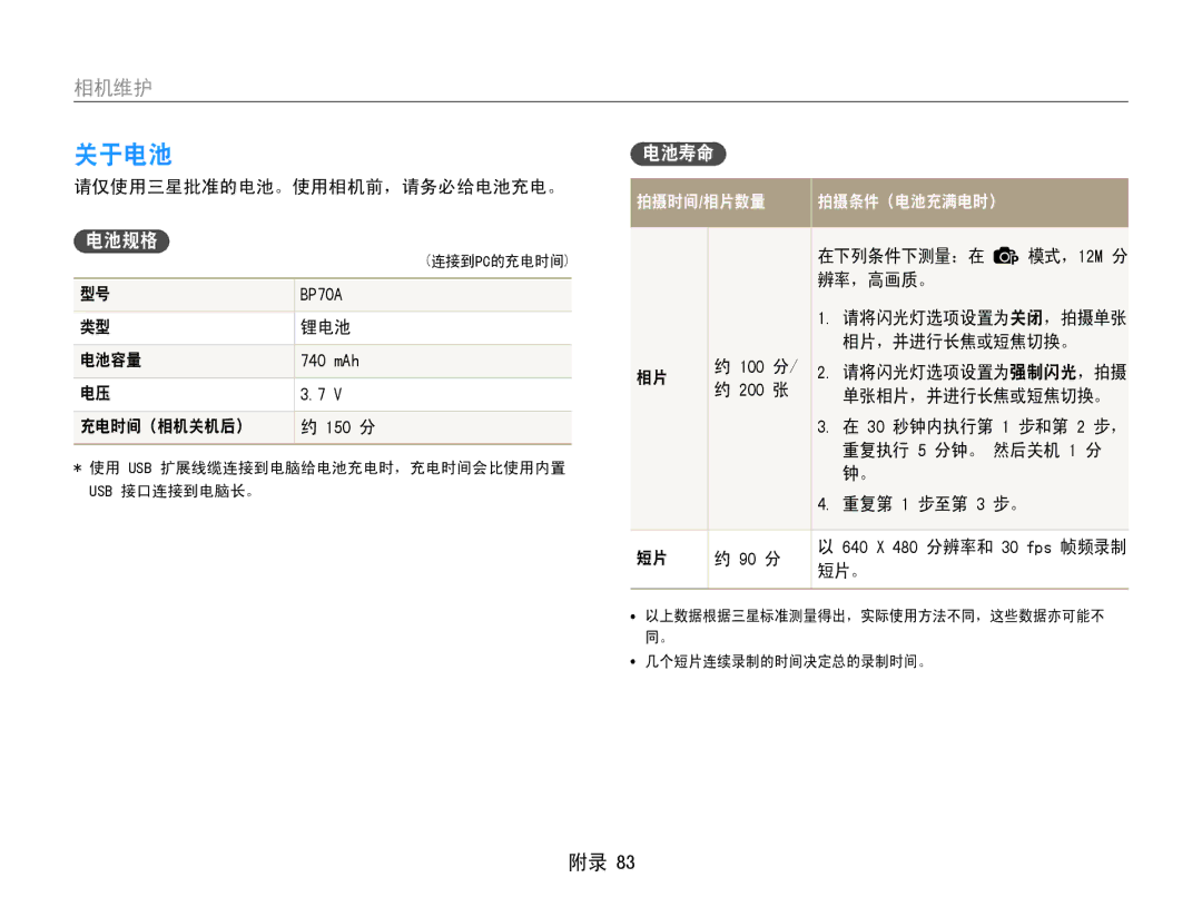 Samsung EC-PL90ZZBAEE3, EC-PL90ZZBARE3, EC-PL90ZZBAAE3, EC-PL90ZZBPAE3, EC-PL90ZZBAAE2, EC-PL90ZZBAEE2 manual 关于电池, 电池规格, 电池寿命 