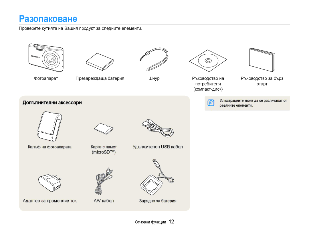 Samsung EC-PL90ZZBARE3 manual Разопаковане, Допълнителни аксесоари, Калъф на фотоапарата, Адаптер за променлив ток Кабел 