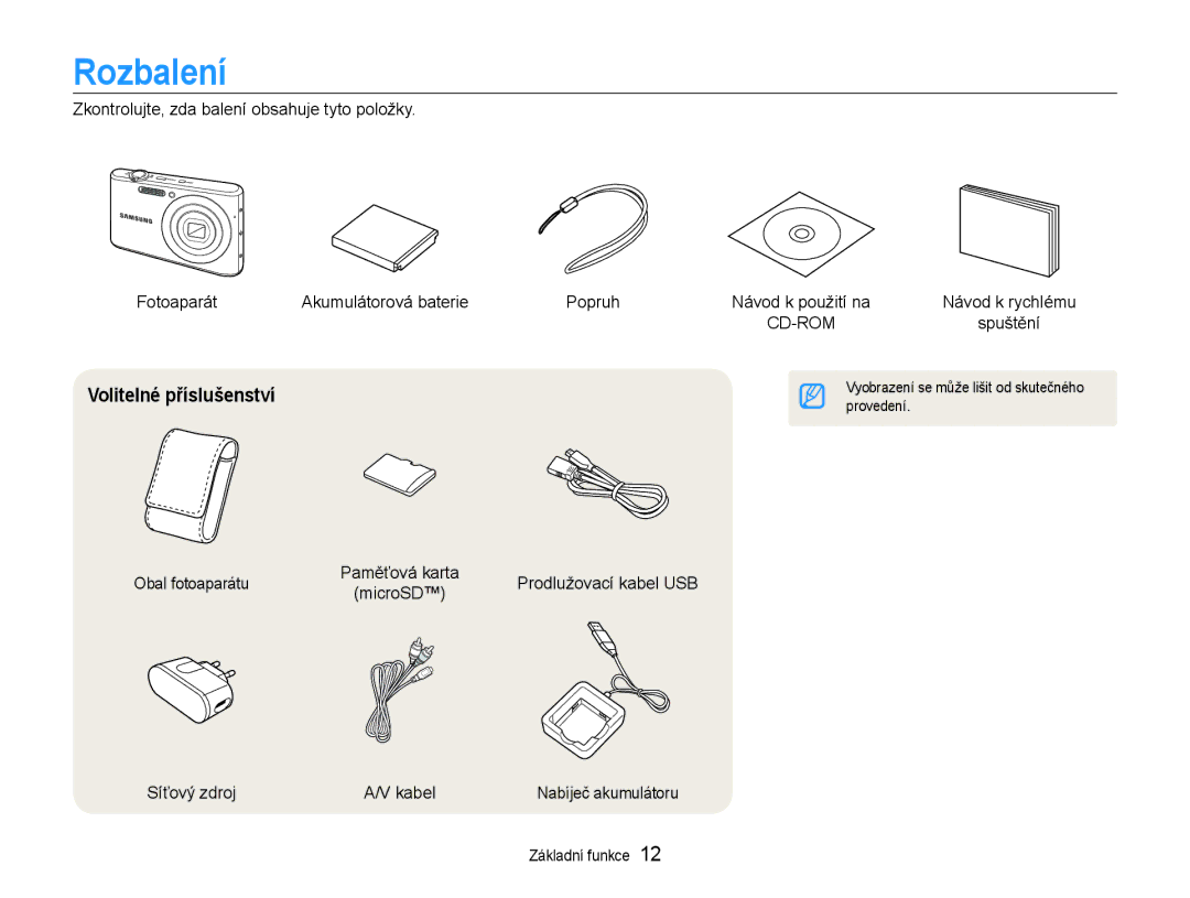 Samsung EC-PL90ZZBARE3, EC-PL90ZZBAEE3 manual Rozbalení, Volitelné příslušenství, Obal fotoaparátu, Síťový zdroj Kabel 