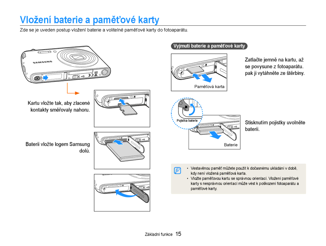 Samsung EC-PL90ZZBARE3, EC-PL90ZZBAEE3 manual Vložení baterie a paměťové karty, Dolů, Baterii, Zatlačte jemně na kartu, až 