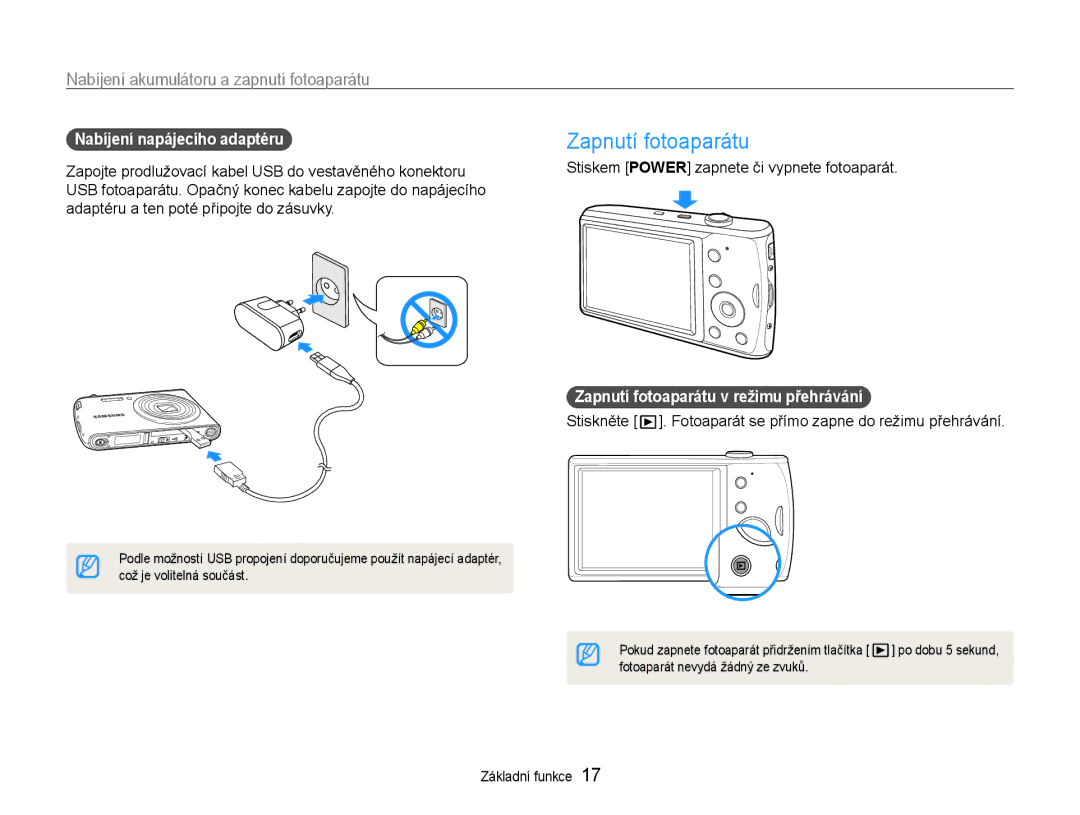 Samsung EC-PL90ZZBAEE3 manual Zapnutí fotoaparátu, Nabíjení akumulátoru a zapnutí fotoaparátu, Nabíjení napájecího adaptéru 