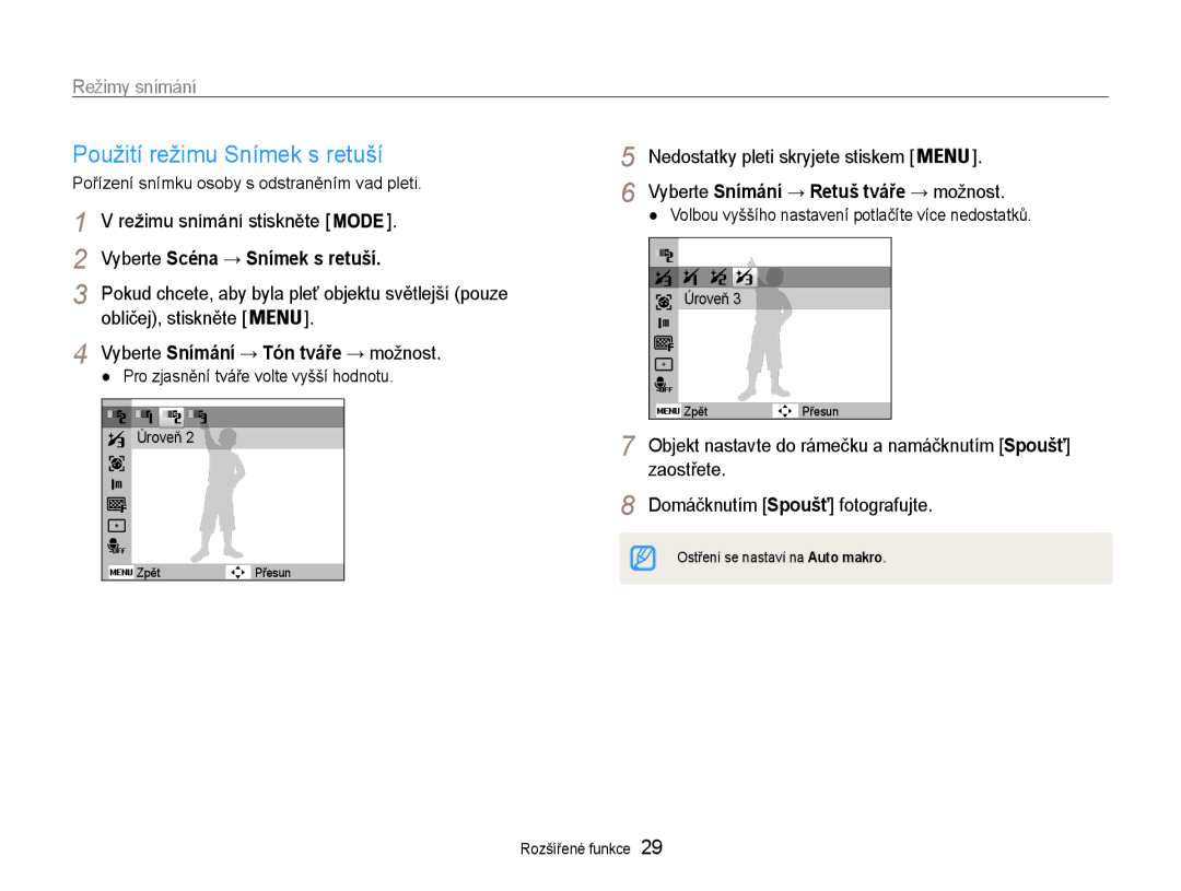 Samsung EC-PL90ZZBAEE3, EC-PL90ZZBARE3 manual Použití režimu Snímek s retuší, Vyberte Snímání → Tón tváře → možnost 