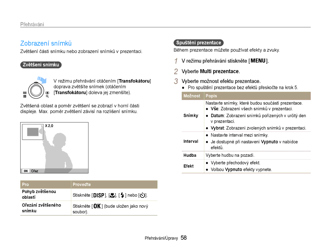 Samsung EC-PL90ZZBAAE3, EC-PL90ZZBAEE3 manual Režimu přehrávání stiskněte, Vyberte Multi prezentace, Zvětšení snímku 