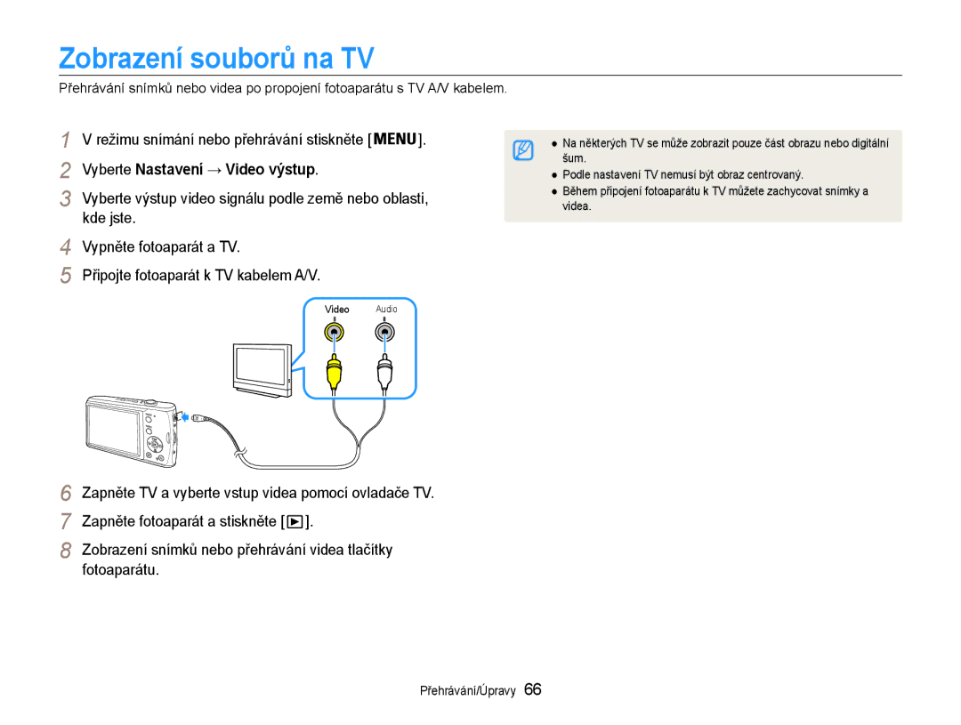 Samsung EC-PL90ZZBARE3, EC-PL90ZZBAEE3, EC-PL90ZZBAAE3 manual Zobrazení souborů na TV, Vyberte Nastavení → Video výstup 