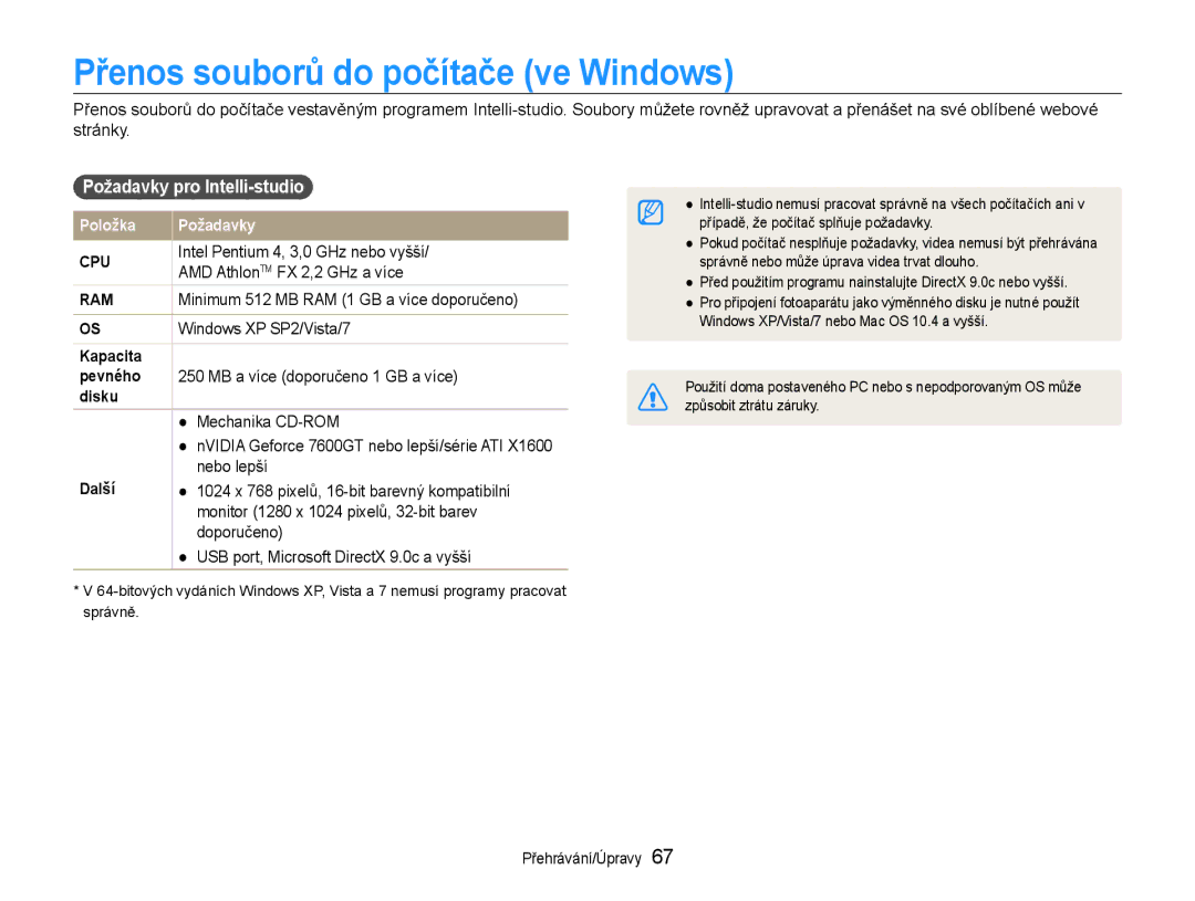 Samsung EC-PL90ZZBAAE3, EC-PL90ZZBAEE3, EC-PL90ZZBARE3 Přenos souborů do počítače ve Windows, Požadavky pro Intelli-studio 