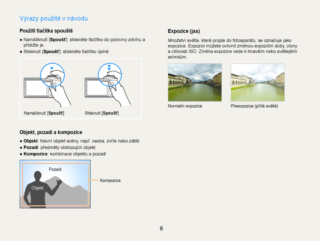 Samsung EC-PL90ZZBARE3 manual Výrazy použité v návodu, Použití tlačítka spouště, Objekt, pozadí a kompozice, Expozice jas 