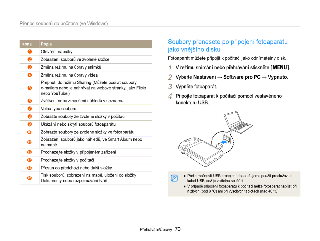 Samsung EC-PL90ZZBAAE3, EC-PL90ZZBAEE3, EC-PL90ZZBARE3 manual Fotoaparát můžete připojit k počítači jako odnímatelný disk 