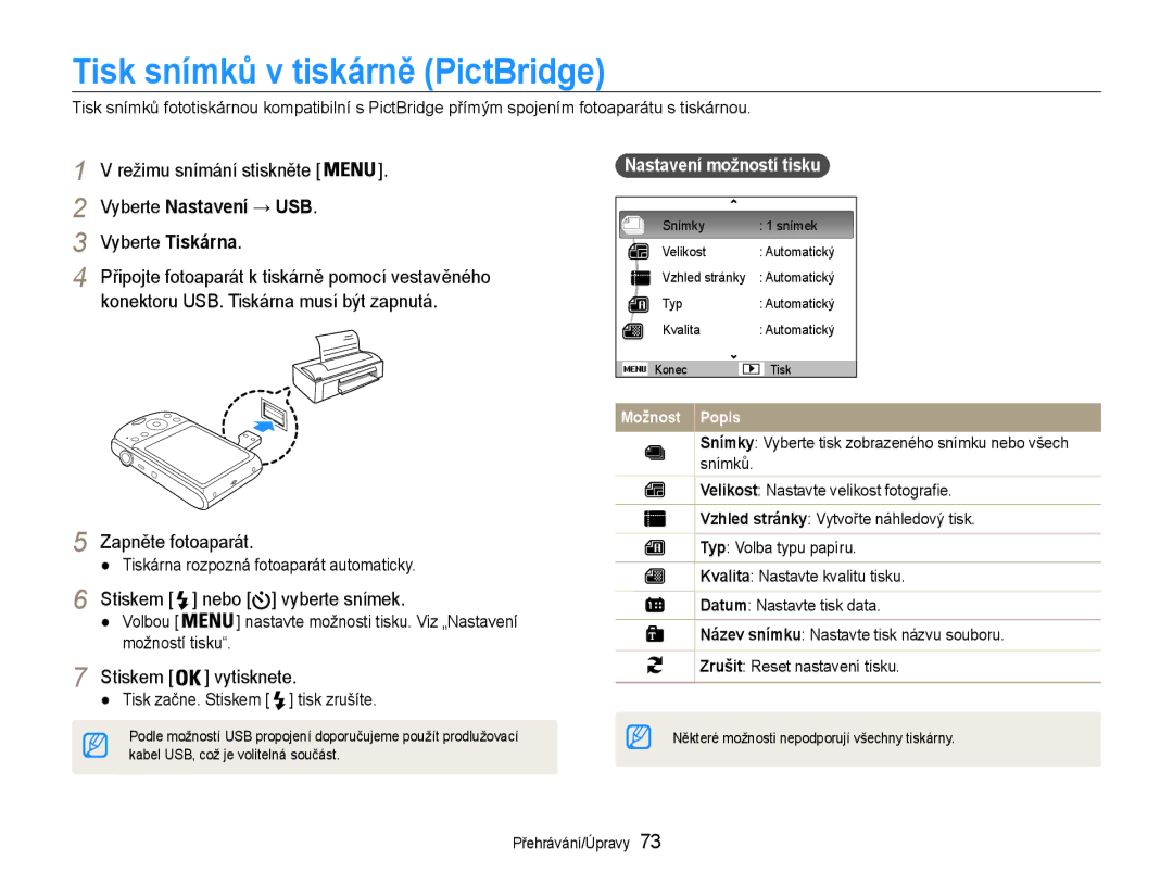 Samsung EC-PL90ZZBAAE3 Tisk snímků v tiskárně PictBridge, Vyberte Nastavení → USB, Vyberte Tiskárna, Stiskem vytisknete 