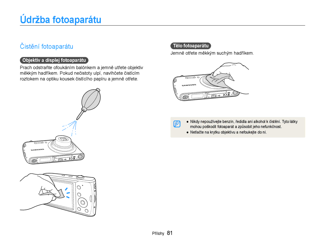 Samsung EC-PL90ZZBARE3 manual Údržba fotoaparátu, Čistění fotoaparátu, Objektiv a displej fotoaparátu, Tělo fotoaparátu 