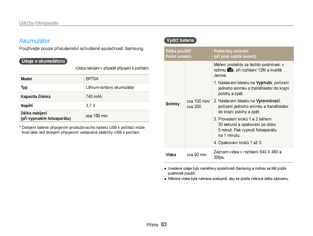 Samsung EC-PL90ZZBAEE3, EC-PL90ZZBARE3, EC-PL90ZZBAAE3 manual Akumulátor, Výdrž baterie, Údaje o akumulátoru 