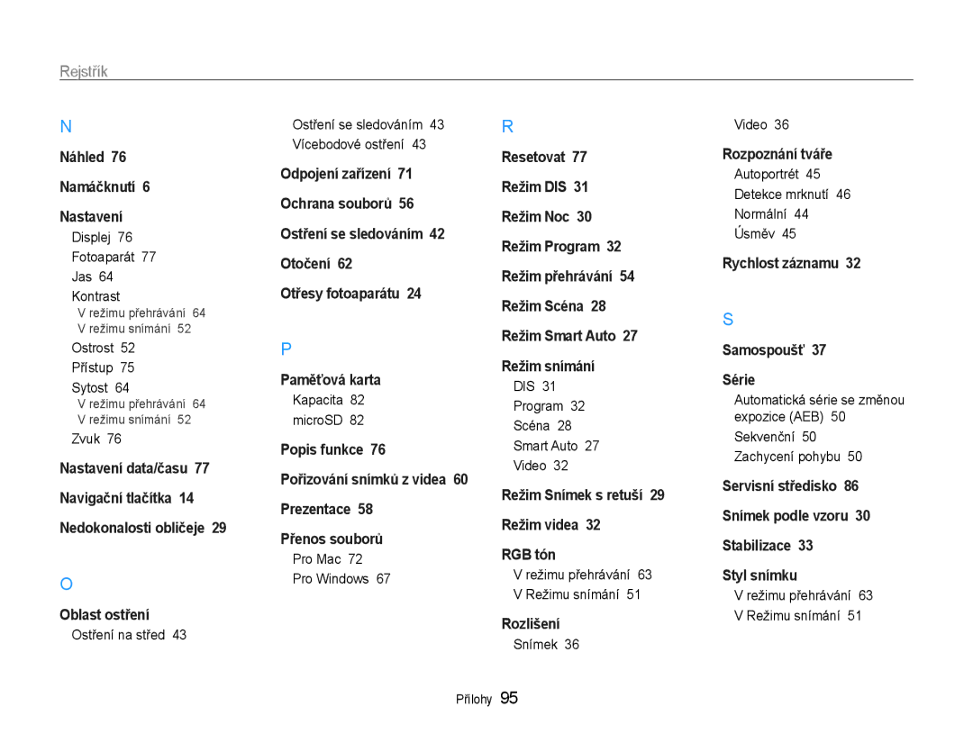 Samsung EC-PL90ZZBAEE3, EC-PL90ZZBARE3, EC-PL90ZZBAAE3 manual Rejstřík 