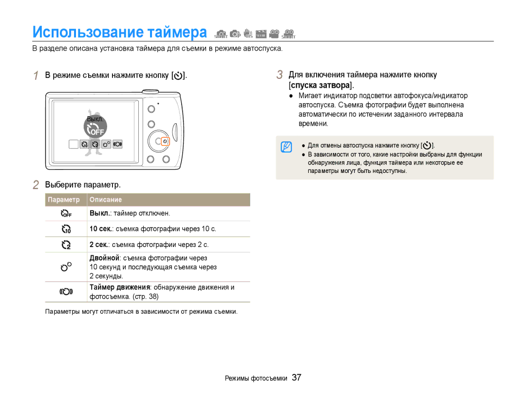 Samsung EC-PL90ZZBPRRU, EC-PL90ZZBPERU, EC-PL90ZZBPARU manual Использование таймера, Для включения таймера нажмите кнопку 