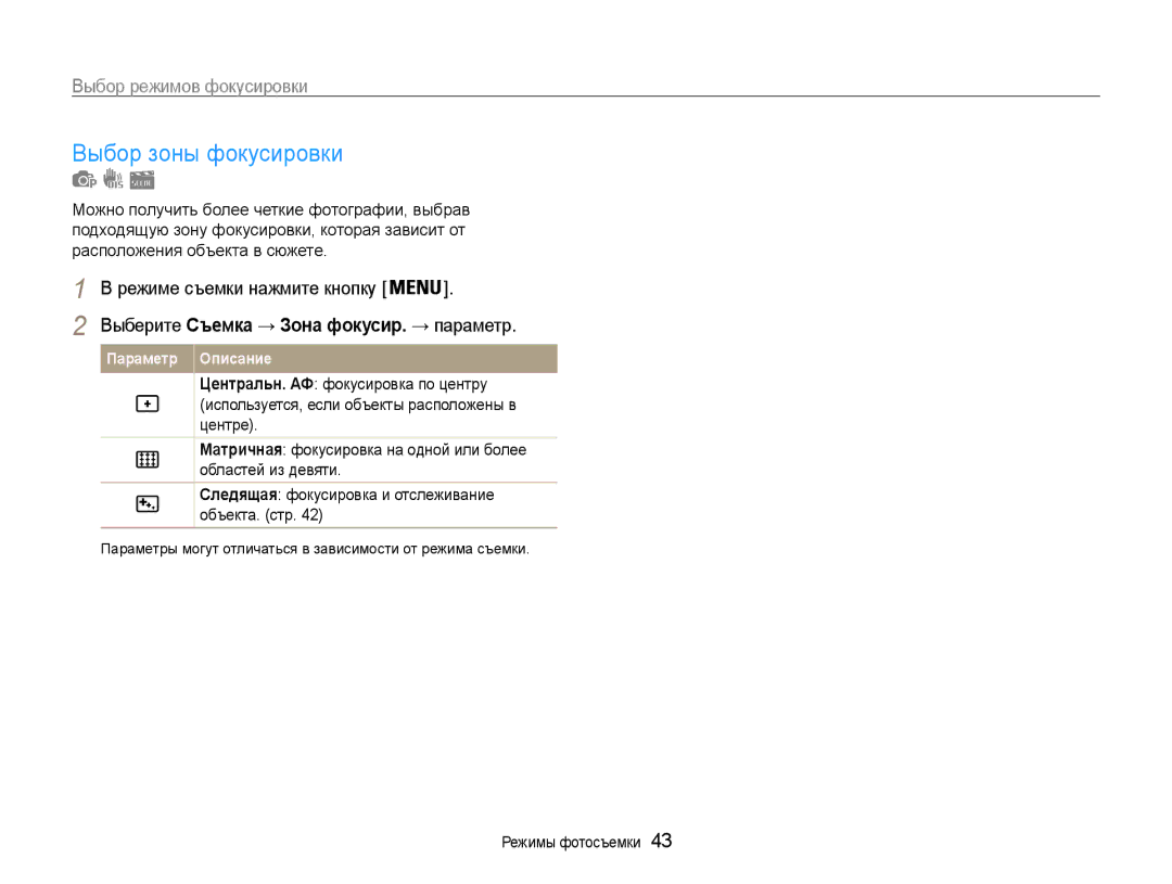 Samsung EC-PL90ZZBPRRU, EC-PL90ZZBPERU, EC-PL90ZZBPARU manual Выбор зоны фокусировки 