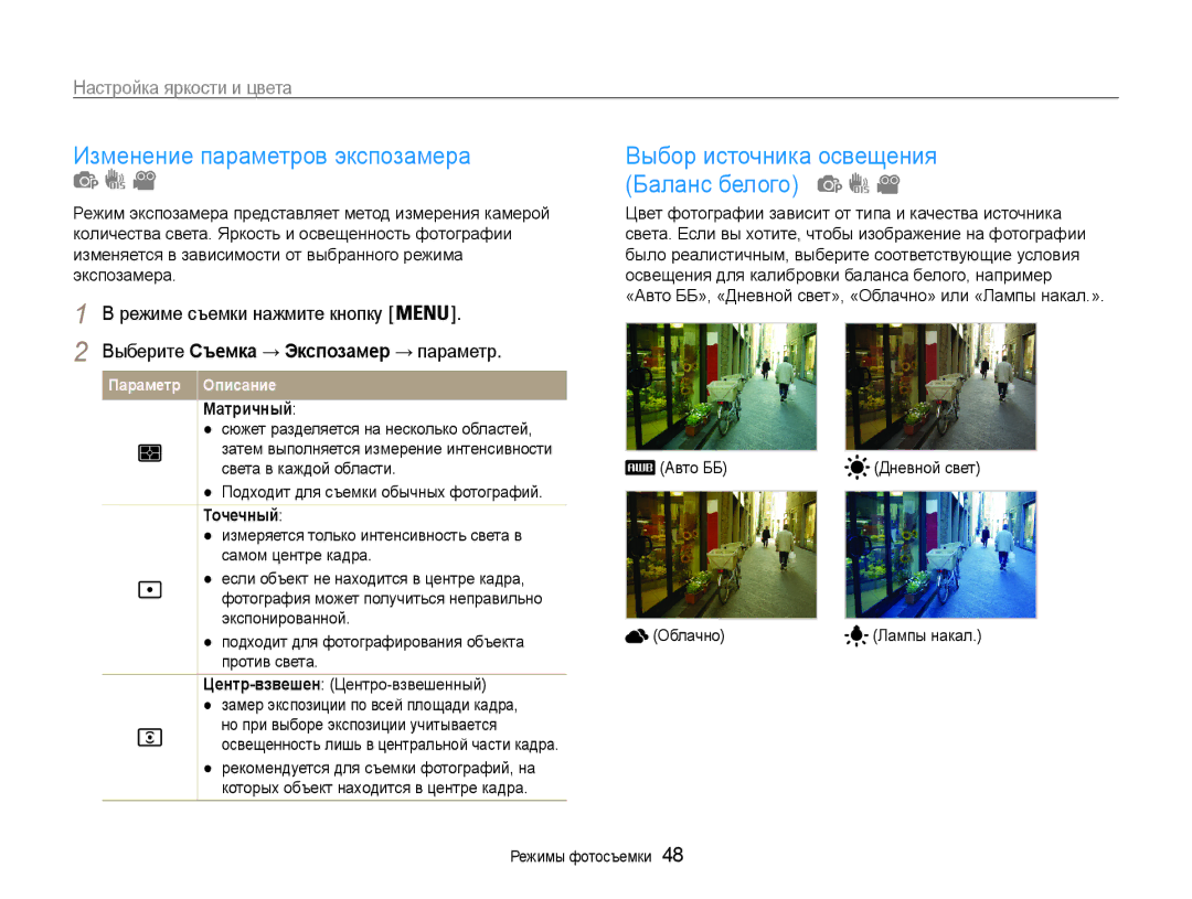Samsung EC-PL90ZZBPARU, EC-PL90ZZBPERU Изменение параметров экспозамера, Настройка яркости и цвета, Матричный, Точечный 