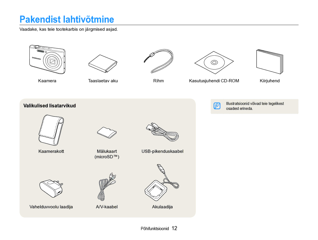 Samsung EC-PL90ZZBPERU manual Pakendist lahtivõtmine, Valikulised lisatarvikud, Kasutusjuhendi CD-ROM, Kaamerakott 