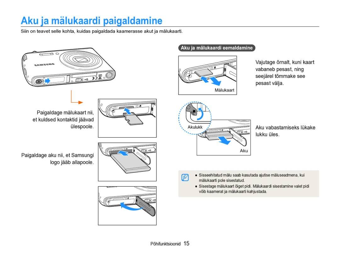 Samsung EC-PL90ZZBPERU manual Aku ja mälukaardi paigaldamine, Lukku üles, Aku ja mälukaardi eemaldamine 