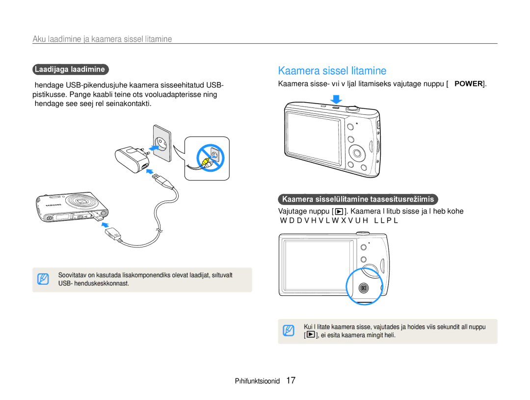 Samsung EC-PL90ZZBPERU manual Kaamera sisselülitamine, Aku laadimine ja kaamera sisselülitamine, Laadijaga laadimine 