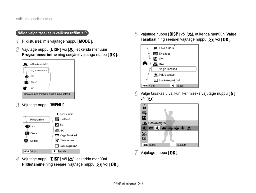 Samsung EC-PL90ZZBPERU manual Valikute seadistamine, Või Et kerida menüüni, Näide valge tasakaalu valikust režiimis P 