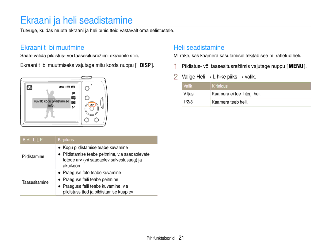 Samsung EC-PL90ZZBPERU manual Ekraani ja heli seadistamine, Ekraani tüübi muutmine, Heli seadistamine 