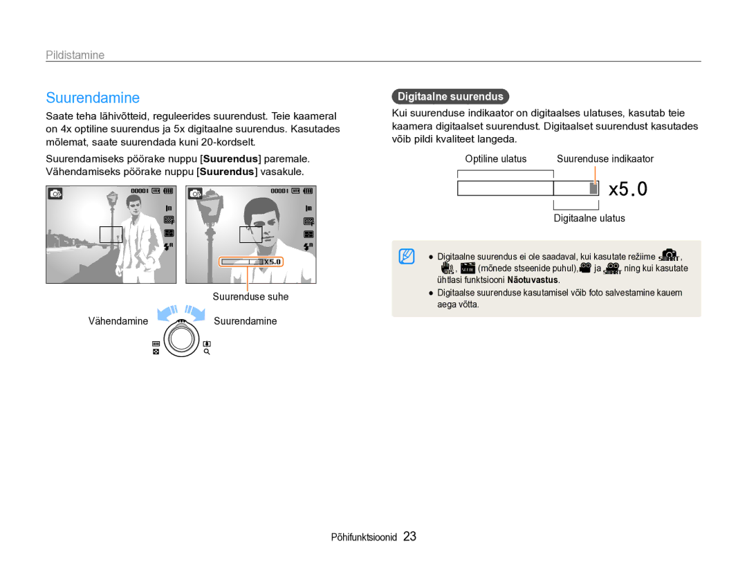 Samsung EC-PL90ZZBPERU manual Pildistamine, Suurenduse suhe Vähendamine Suurendamine, Digitaalne suurendus 