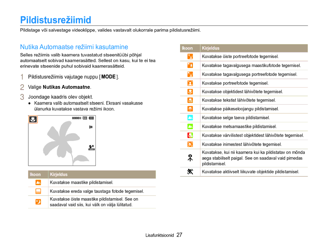 Samsung EC-PL90ZZBPERU manual Pildistusrežiimid, Nutika Automaatse režiimi kasutamine, Valige Nutikas Automaatne 