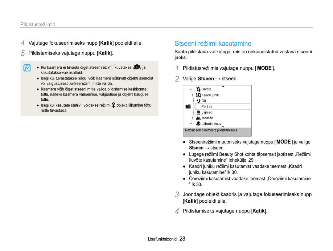 Samsung EC-PL90ZZBPERU manual Stseeni režiimi kasutamine, Pildistusrežiimid, Valige Stseen → stseen 