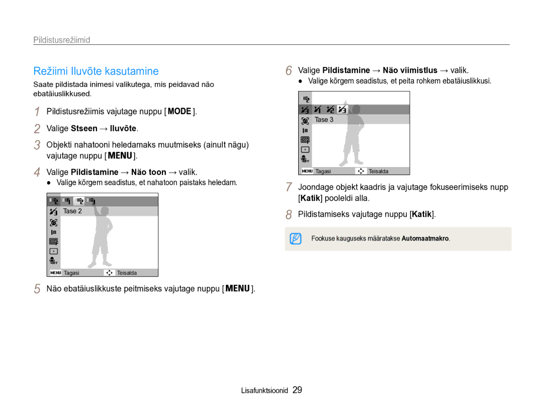 Samsung EC-PL90ZZBPERU Režiimi Iluvõte kasutamine, Valige Pildistamine → Näo viimistlus → valik, Valige Stseen → Iluvõte 